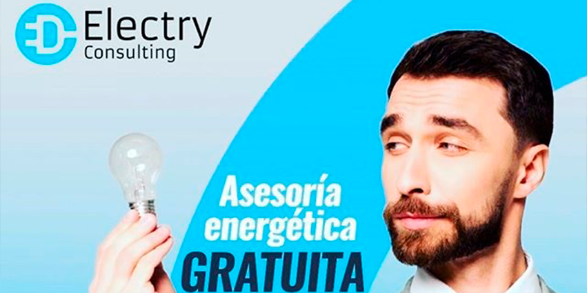Asesor Energético en Petres 1 Hombre sosteniendo una bombilla simbolizando ideas de asesoría energética, con logotipo de Electry Consulting y texto que ofrece asesoría energética gratuita, destacando servicios de auditoría y soluciones energéticas en Castellón.