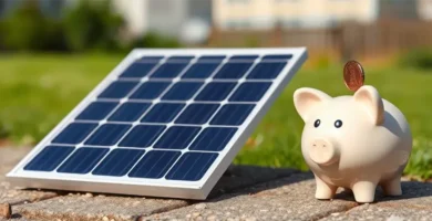 Panel solar junto a una hucha de cerdito con una moneda, simbolizando ahorro y eficiencia energ&eacute;tica en el autoconsumo con soluciones innovadoras de bater&iacute;as virtuales.