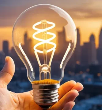 Mano sosteniendo una bombilla encendida frente a un horizonte urbano al atardecer, simbolizando ideas sobre la tarifa de luz 2025 y asesoría energética para hogares en una ciudad.