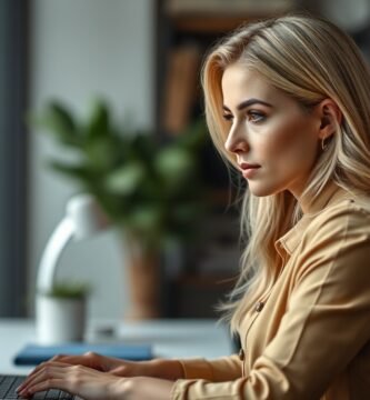 Mujer concentrada trabajando en una computadora portátil en oficina moderna, simbolizando la planificación de inversiones en tecnologías sostenibles para baterías de placas solares en 2025.