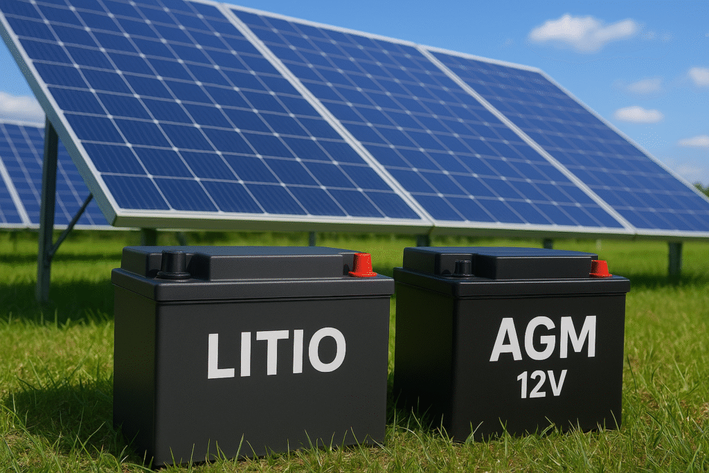 Baterías de litio y AGM frente a paneles solares en campo verde, representando inversiones en energía solar para 2025.