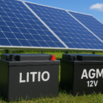 Baterías de litio y AGM frente a paneles solares en campo verde, representando inversiones en energía solar para 2025.
