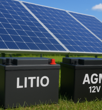 Baterías de litio y AGM frente a paneles solares en campo verde, representando inversiones en energía solar para 2025.