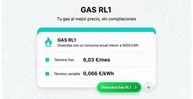 Imagen promocional de la tarifa de gas RL1 de Niba, destacando precios competitivos para viviendas con consumo anual menor a 5000 kWh. Se muestra un t&eacute;rmino fijo de 6,03 &euro;/mes y un t&eacute;rmino variable de 0,066 &euro;/kWh. Incluye un bot&oacute;n verde c