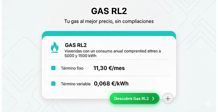 Tarifa de gas RL2 de Niba 2025 para hogares, mostrando costos de t&eacute;rmino fijo de 11,30 &euro;/mes y variable de 0,068 &euro;/kWh para consumos entre 5000 y 1500 kWh anuales.