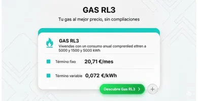 Imagen promocional de la tarifa de gas RL3 que destaca el precio fijo de 20,71 €/mes y el precio variable de 0,072 €/kWh para viviendas con consumo anual entre 1500 y 5000 kWh. Incluye el texto 'Descubre Gas RL3' en un botón verde.