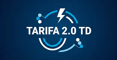 Logotipo moderno de la Tarifa 2.0 TD con icono de rayo en fondo azul, relacionado con tarifas de luz 2025 y asesor&iacute;a energ&eacute;tica en hogares.