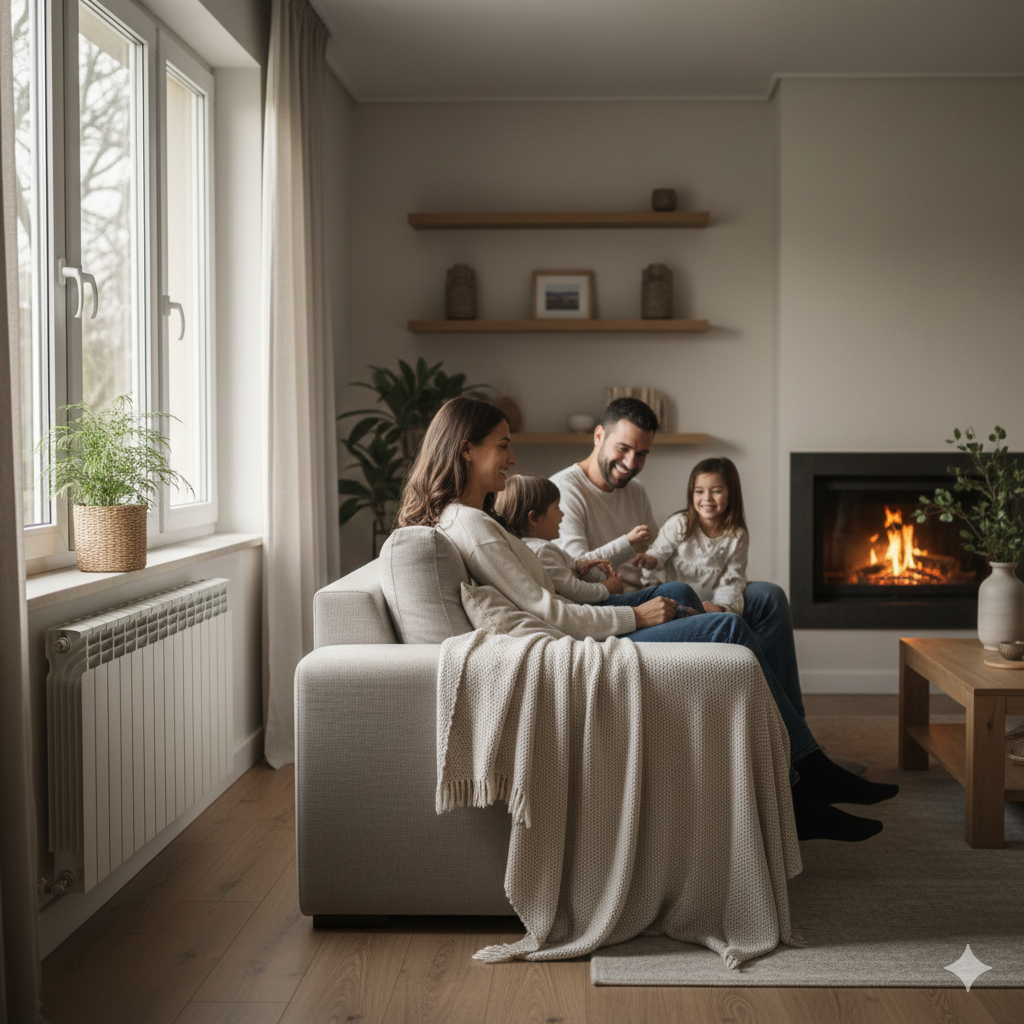 Tarifa de gas RL2 1 Familia disfrutando de calefacción en salón acogedor con chimenea encendida durante el invierno, ilustrando el uso de gas para calefacción.