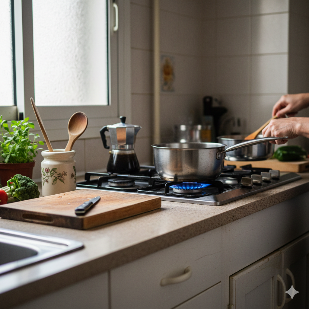 Tarifa de gas RL2 3 Cocina con una estufa de gas encendida, utensilios de cocina y una cafetera italiana, ilustrando el uso eficiente del gas en el hogar.