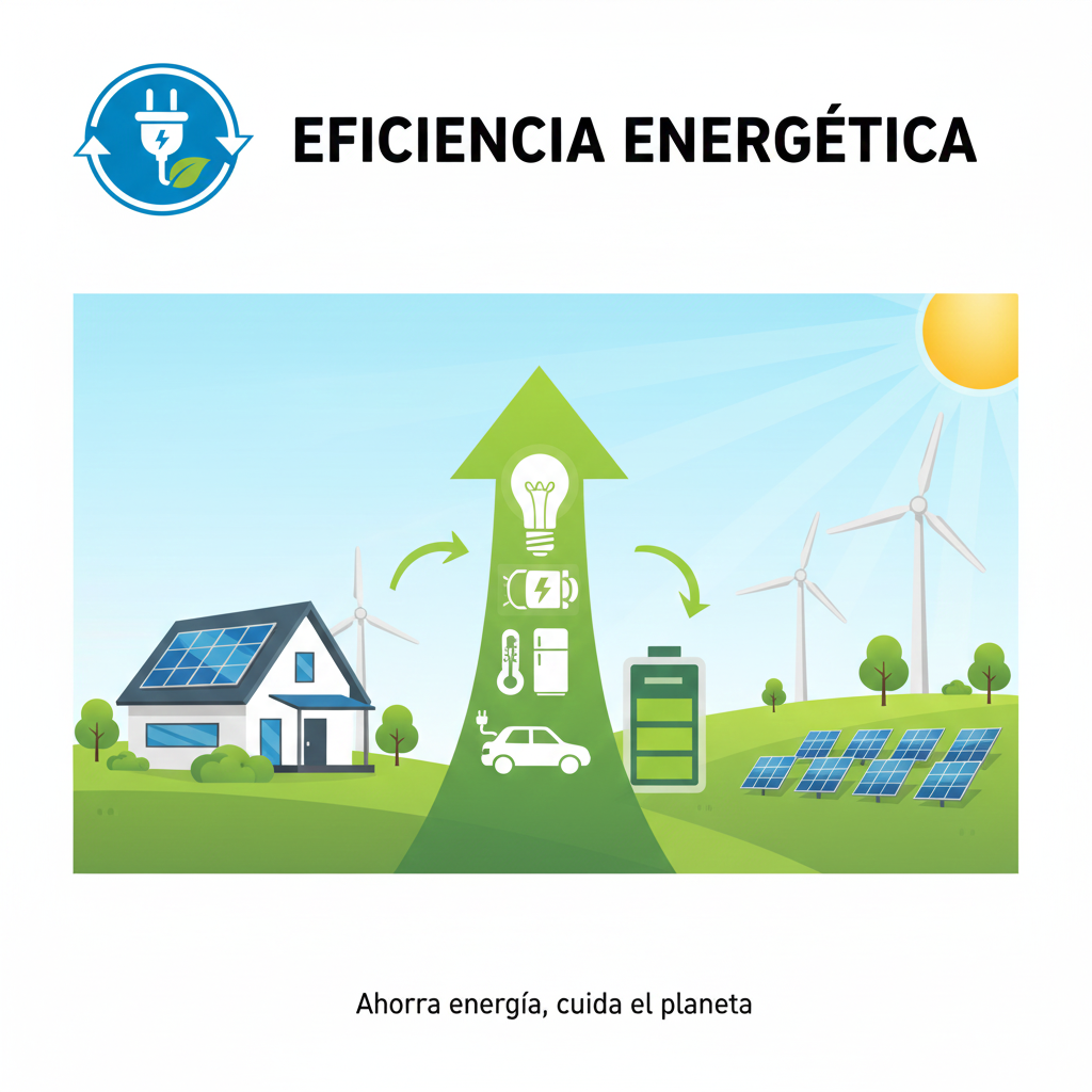 Ilustraci&oacute;n de eficiencia energ&eacute;tica mostrando una casa con paneles solares y turbinas e&oacute;licas en un paisaje verde. Elementos como bombillas, enchufes, term&oacute;metros, coches y bater&iacute;as se integran en un gr&aacute;fico con flechas que indican circulaci&oacute;n de energ&iacute;a. Sol brillando al fo
