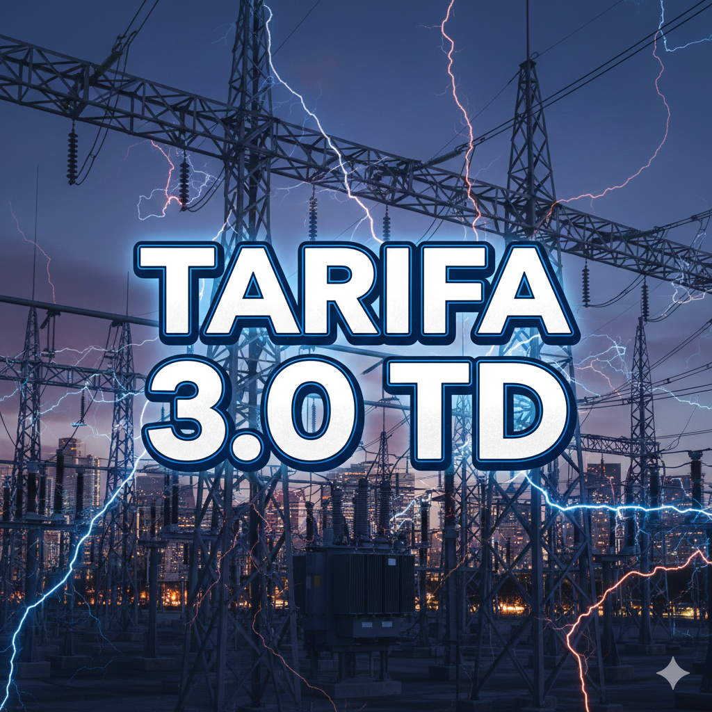 Subestaci&oacute;n el&eacute;ctrica con torres de alta tensi&oacute;n bajo cielo oscuro y rel&aacute;mpagos, destacando el texto 'TARIFA 3.0 TD' en un estilo iluminado.