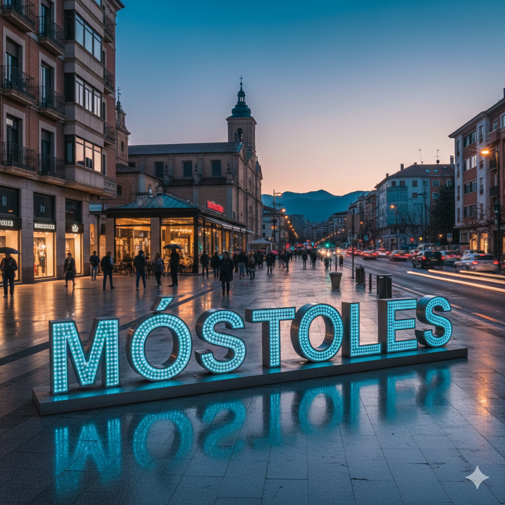Vista de la ciudad de M&oacute;stoles al atardecer con una instalaci&oacute;n luminosa que dice 'M&Oacute;STOLES', rodeada de edificios y transe&uacute;ntes, destacando el ambiente urbano. Ideal para ilustrar tarifas de gas y mercado libre en M&oacute;stoles en 2026.