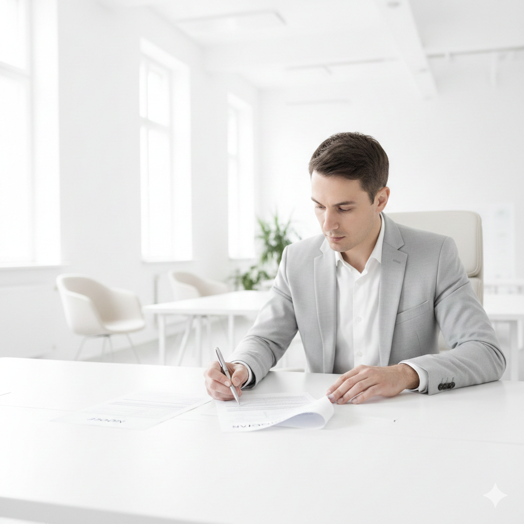 Hombre joven en traje claro revisando documentos en una oficina luminosa, representando el asesoramiento energ&eacute;tico para elegir la mejor tarifa con Endesa.