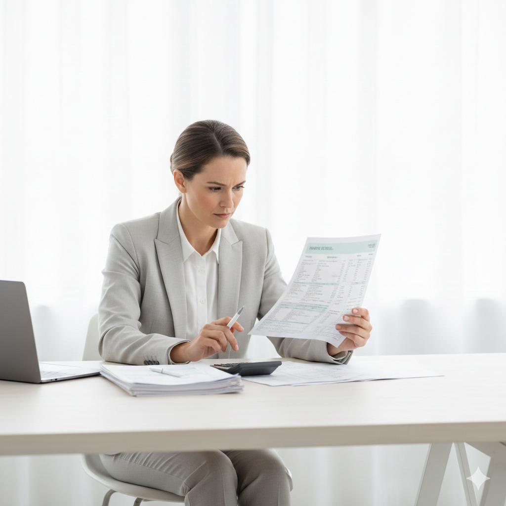 Asesor energ&eacute;tico revisando documentos y utilizando calculadora en oficina, representando el ahorro en luz y gas con Naturgy.