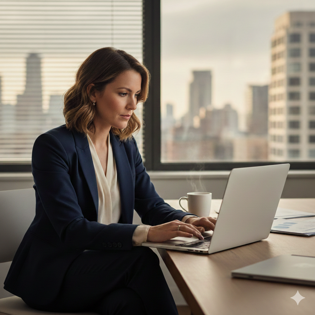 Mujer en traje elegante utilizando una computadora port&aacute;til en una oficina moderna, simbolizando el asesoramiento energ&eacute;tico y los planes de autoconsumo solar en un entorno urbano.