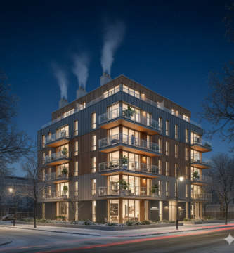 Gas natural tarifas gas natural 3 Edificio de apartamentos modernos iluminados por la noche, con chimeneas humeantes en el techo, simbolizando el uso de gas natural para calefacción. El escenario invernal resalta la importancia de o