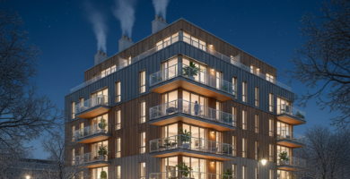 Gas natural tarifas gas natural 2 Edificio de apartamentos modernos iluminados por la noche, con chimeneas humeantes en el techo, simbolizando el uso de gas natural para calefacción. El escenario invernal resalta la importancia de o