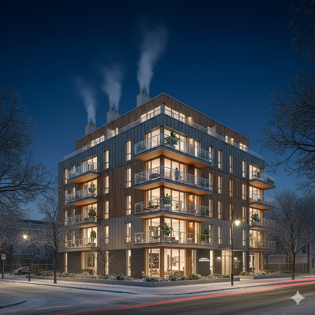 Gas natural tarifas gas natural 1 Edificio de apartamentos modernos iluminados por la noche, con chimeneas humeantes en el techo, simbolizando el uso de gas natural para calefacción. El escenario invernal resalta la importancia de o